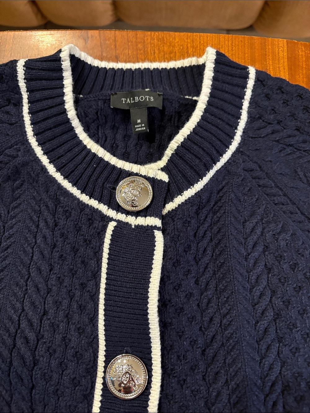 Talbots Women’s Navy Cable Knit Cutaway Cardigan with White Trim - Picture 3 of 9
